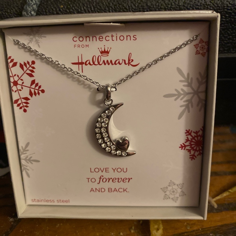 Hallmark Silver Stainless Steel and Crystal Crescent and Heart Necklace 18”